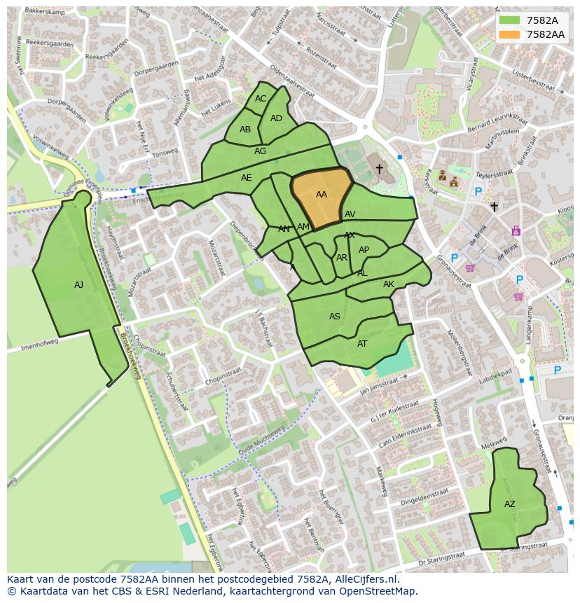 Afbeelding van het postcodegebied 7582 AA op de kaart.