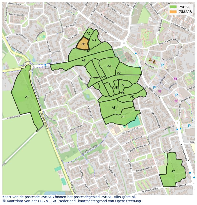 Afbeelding van het postcodegebied 7582 AB op de kaart.
