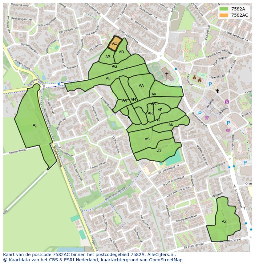 Afbeelding van het postcodegebied 7582 AC op de kaart.