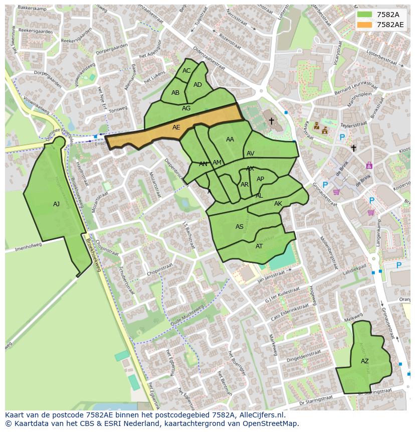 Afbeelding van het postcodegebied 7582 AE op de kaart.