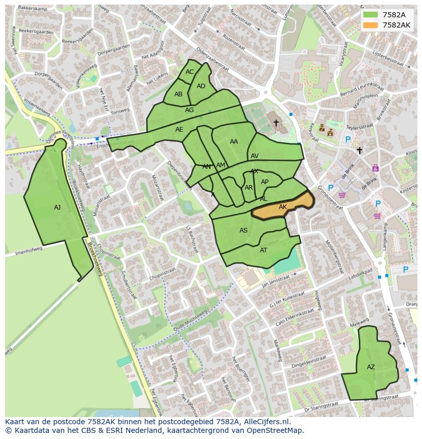 Afbeelding van het postcodegebied 7582 AK op de kaart.