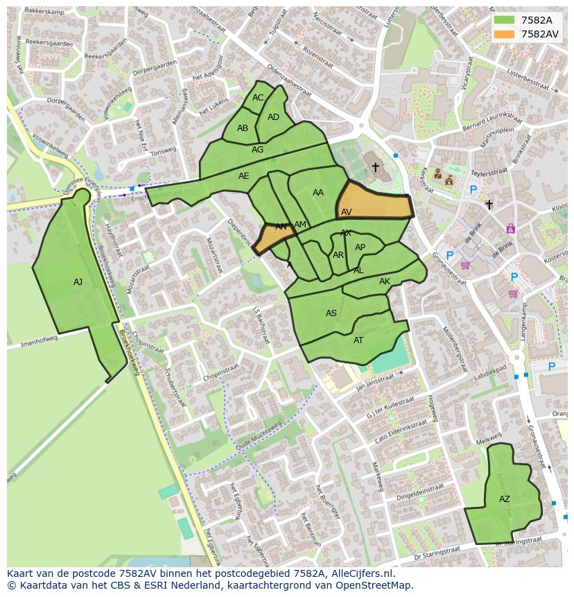 Afbeelding van het postcodegebied 7582 AV op de kaart.
