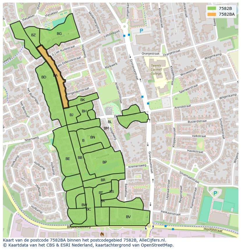 Afbeelding van het postcodegebied 7582 BA op de kaart.