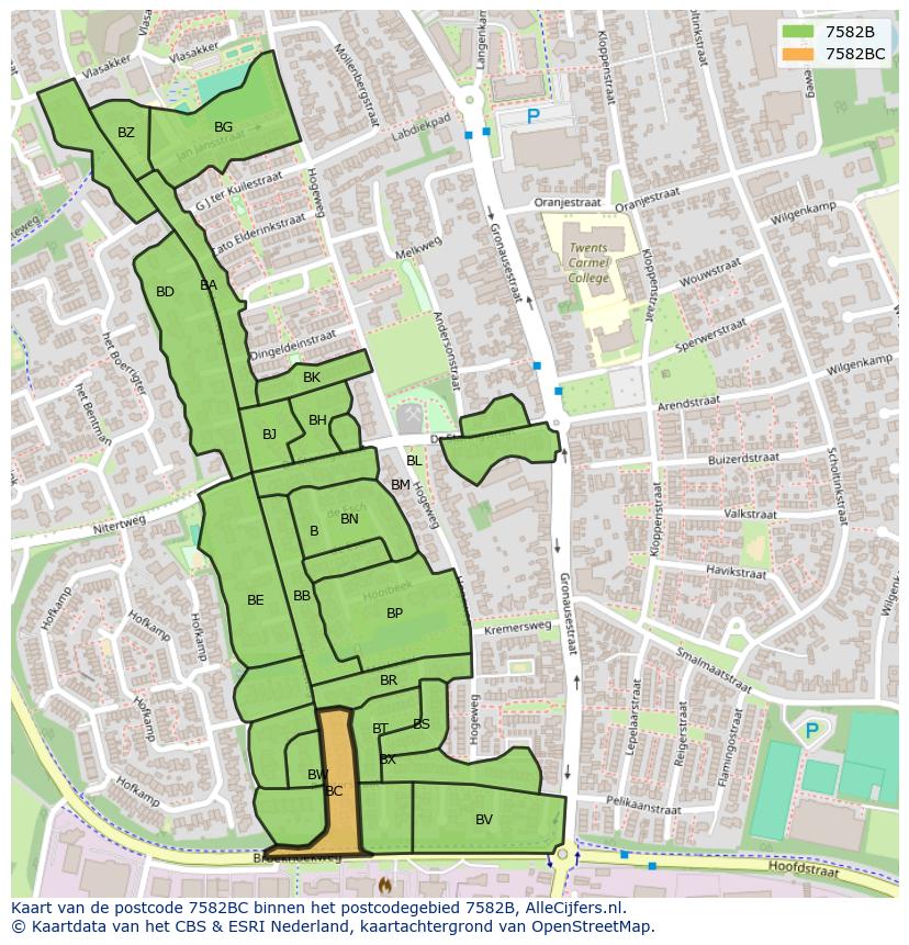Afbeelding van het postcodegebied 7582 BC op de kaart.