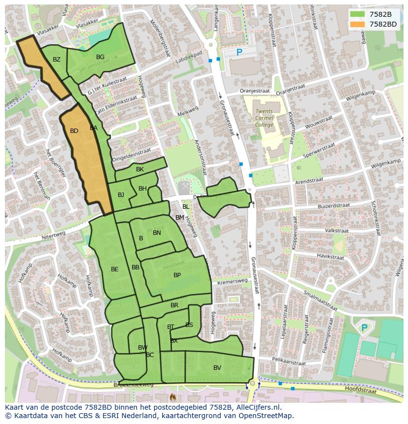 Afbeelding van het postcodegebied 7582 BD op de kaart.