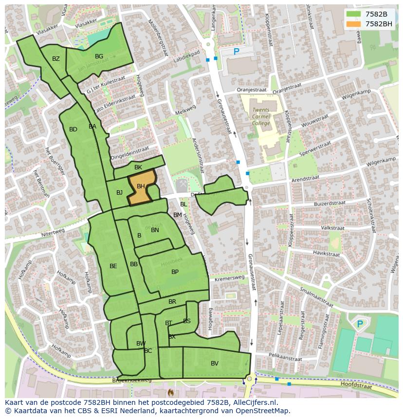 Afbeelding van het postcodegebied 7582 BH op de kaart.