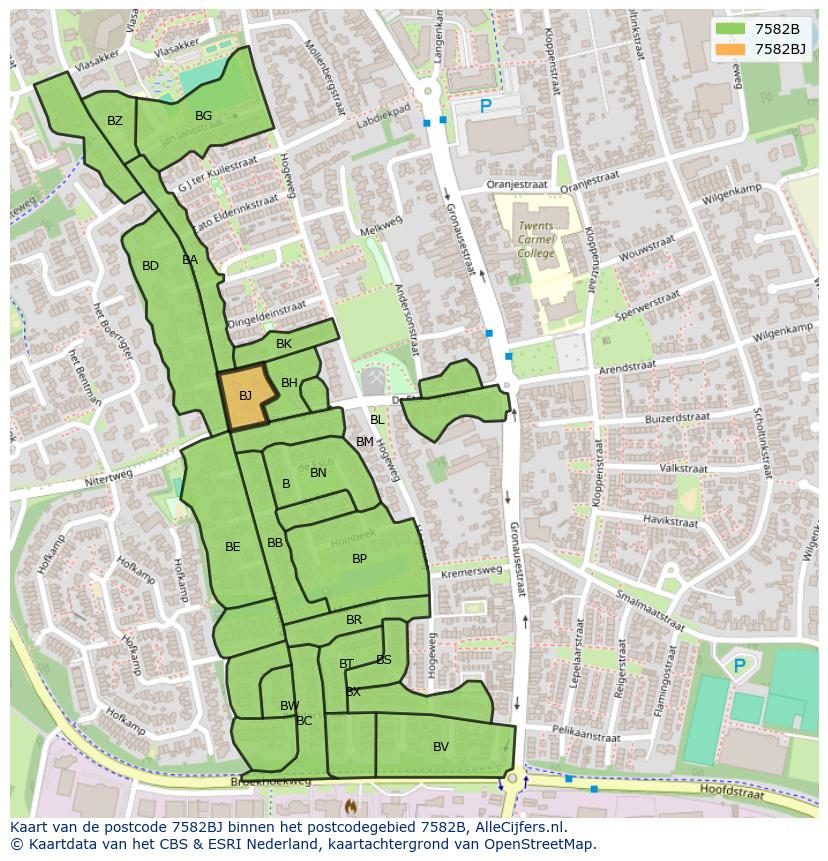 Afbeelding van het postcodegebied 7582 BJ op de kaart.