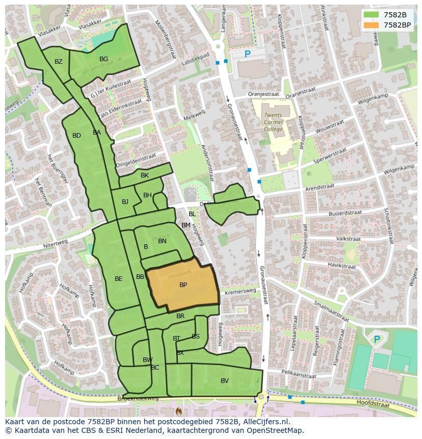Afbeelding van het postcodegebied 7582 BP op de kaart.