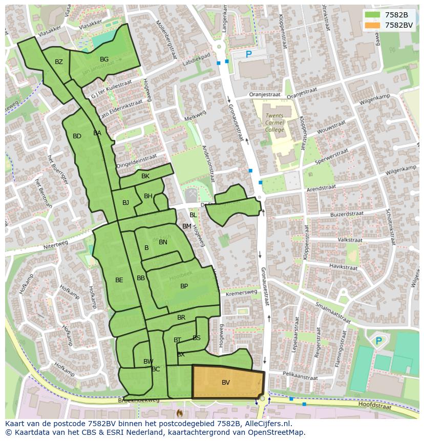 Afbeelding van het postcodegebied 7582 BV op de kaart.