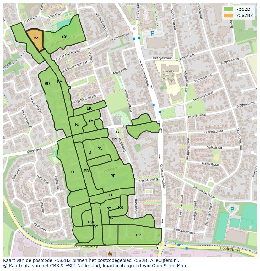 Afbeelding van het postcodegebied 7582 BZ op de kaart.