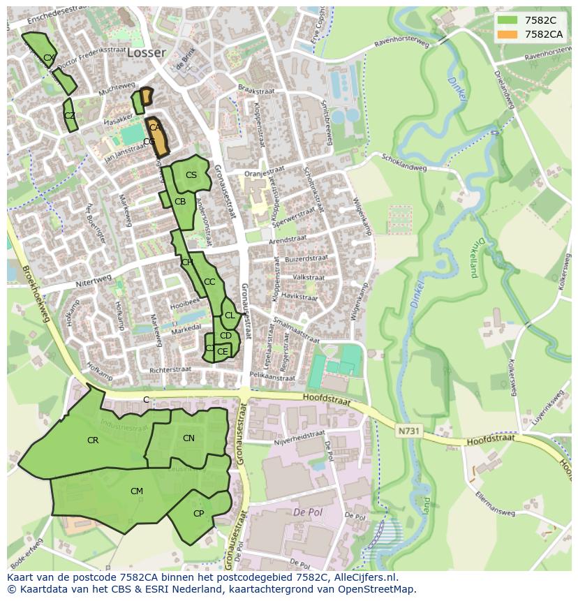 Afbeelding van het postcodegebied 7582 CA op de kaart.