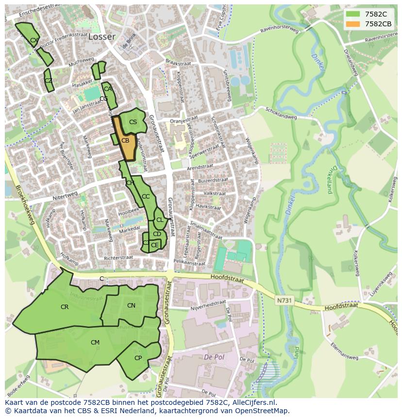 Afbeelding van het postcodegebied 7582 CB op de kaart.