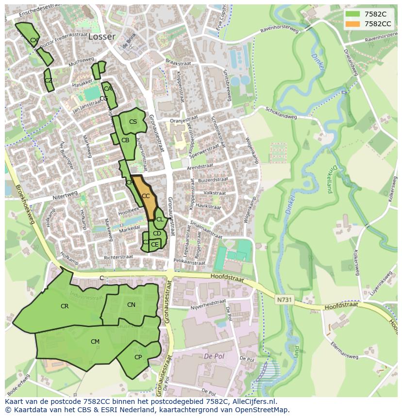 Afbeelding van het postcodegebied 7582 CC op de kaart.
