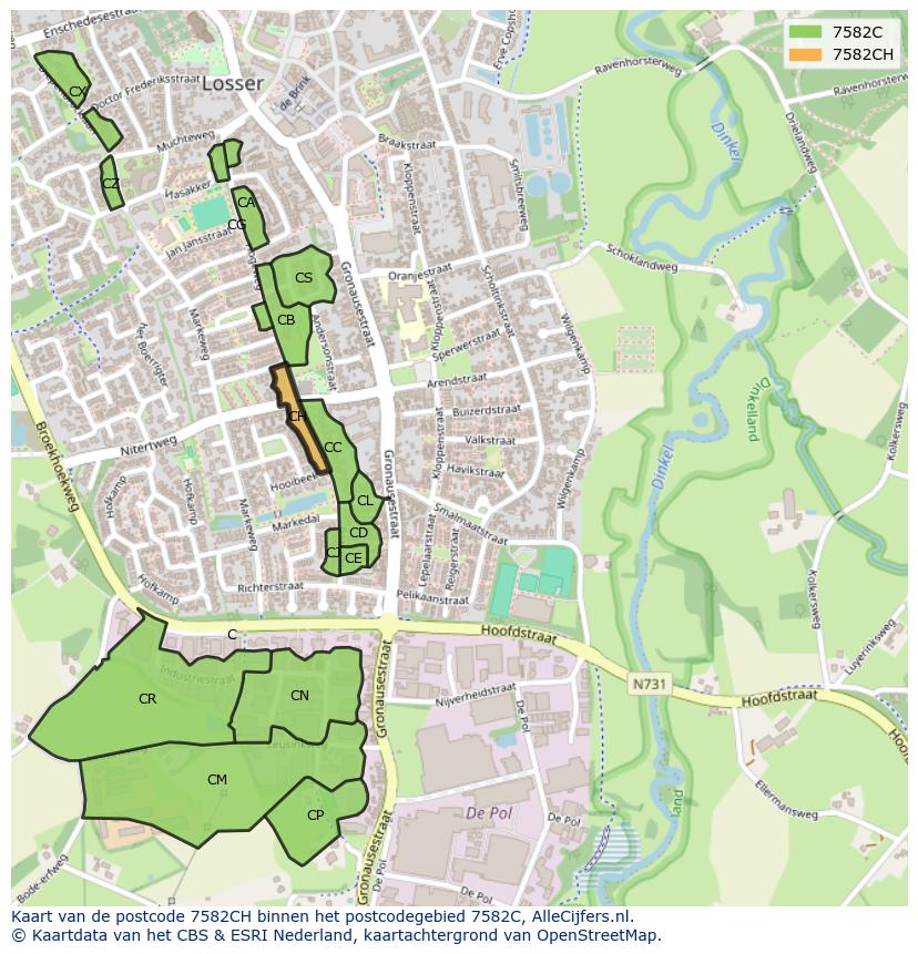 Afbeelding van het postcodegebied 7582 CH op de kaart.