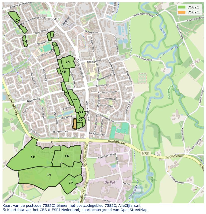Afbeelding van het postcodegebied 7582 CJ op de kaart.