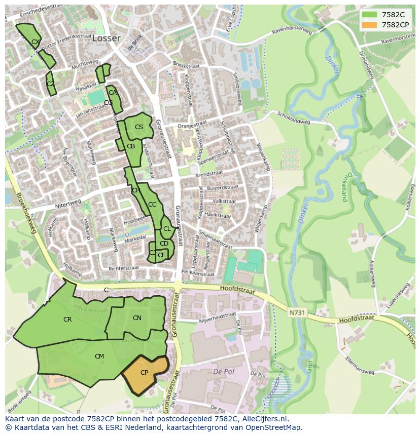 Afbeelding van het postcodegebied 7582 CP op de kaart.
