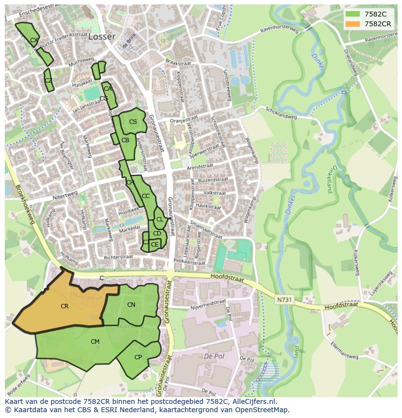 Afbeelding van het postcodegebied 7582 CR op de kaart.