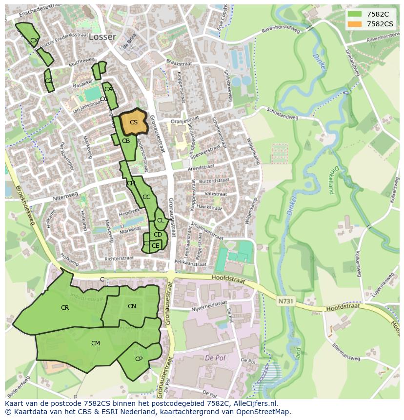 Afbeelding van het postcodegebied 7582 CS op de kaart.