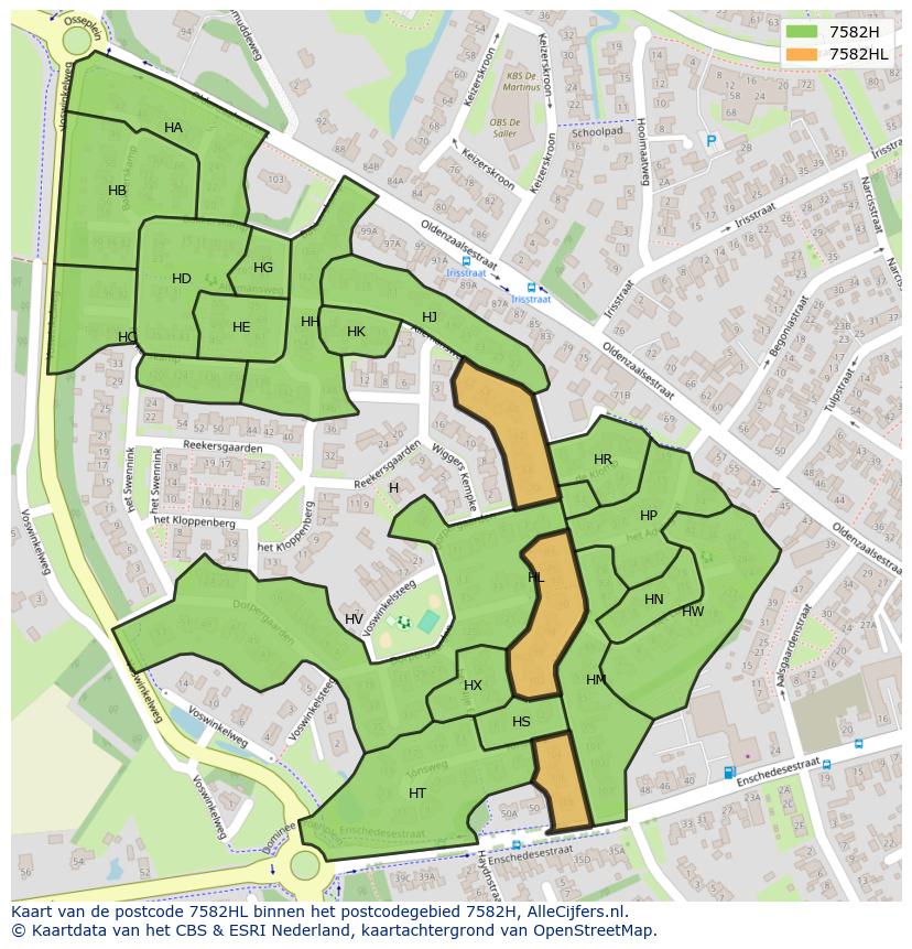 Afbeelding van het postcodegebied 7582 HL op de kaart.
