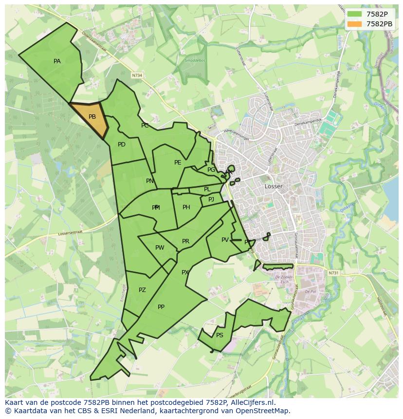 Afbeelding van het postcodegebied 7582 PB op de kaart.