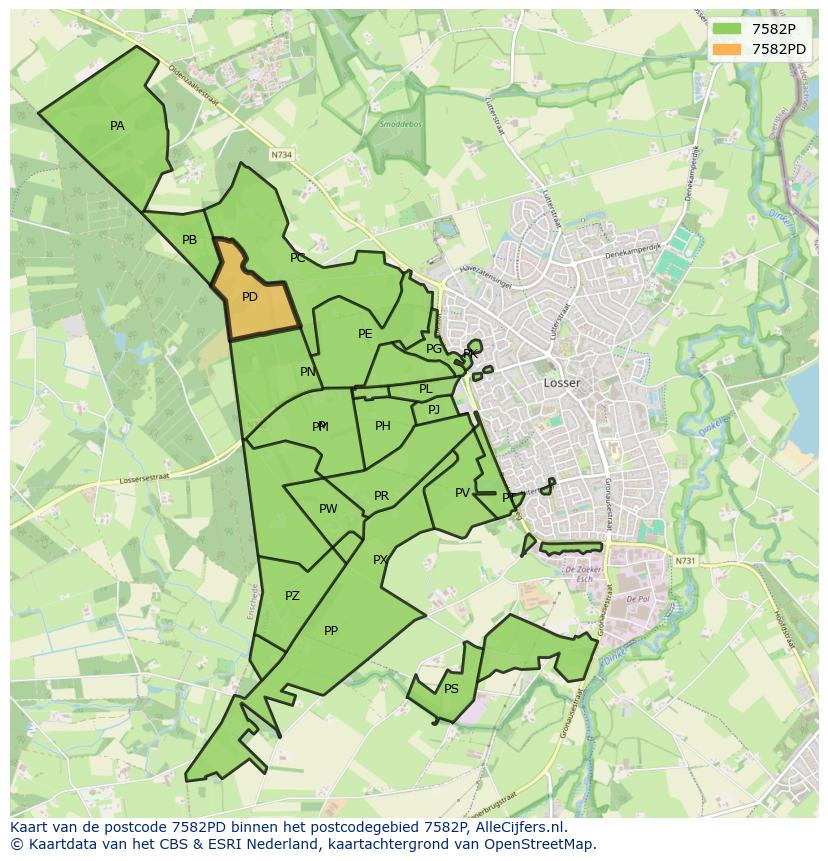 Afbeelding van het postcodegebied 7582 PD op de kaart.
