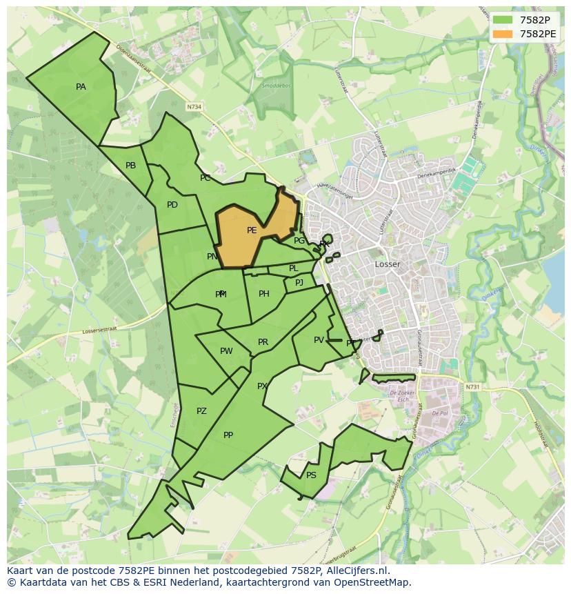 Afbeelding van het postcodegebied 7582 PE op de kaart.