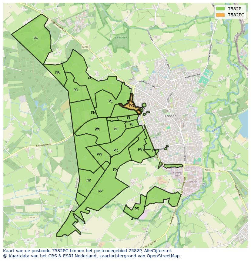 Afbeelding van het postcodegebied 7582 PG op de kaart.