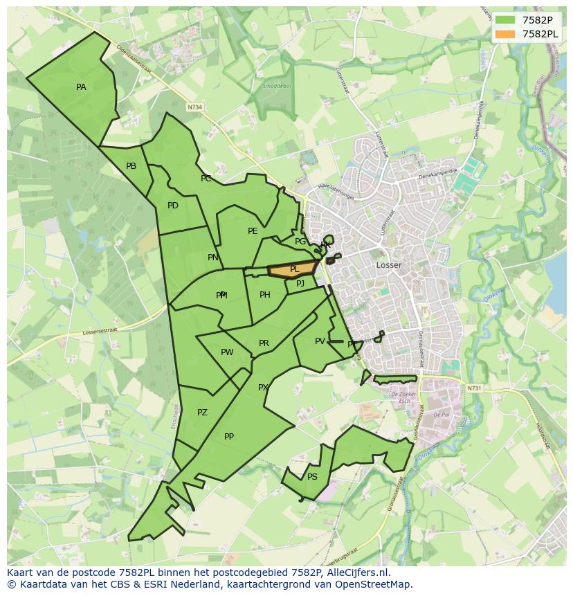 Afbeelding van het postcodegebied 7582 PL op de kaart.