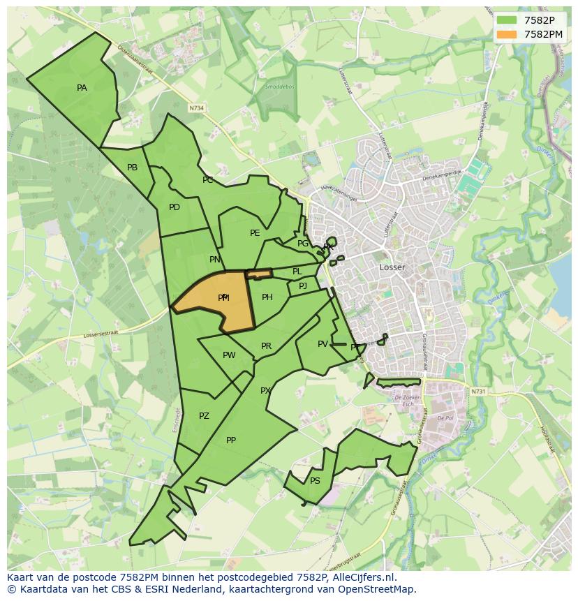 Afbeelding van het postcodegebied 7582 PM op de kaart.