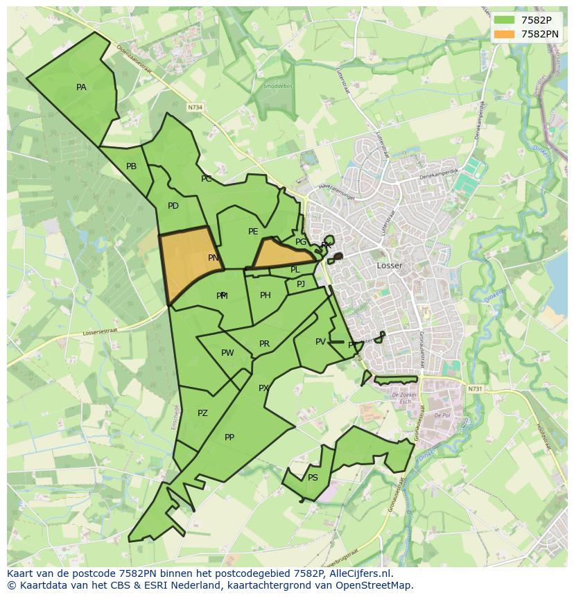 Afbeelding van het postcodegebied 7582 PN op de kaart.