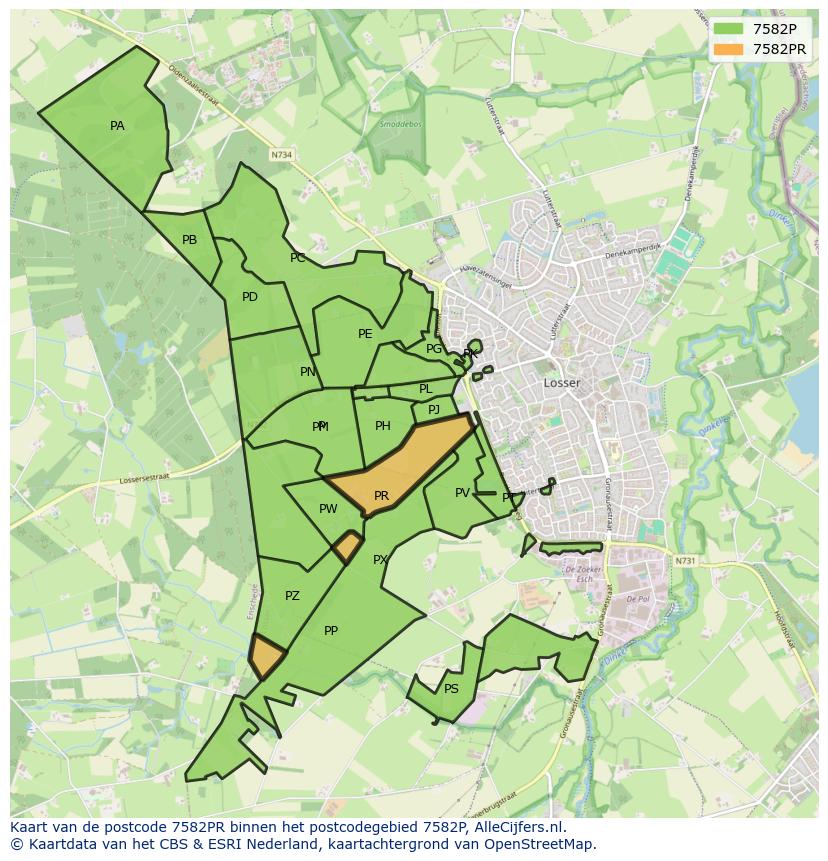 Afbeelding van het postcodegebied 7582 PR op de kaart.