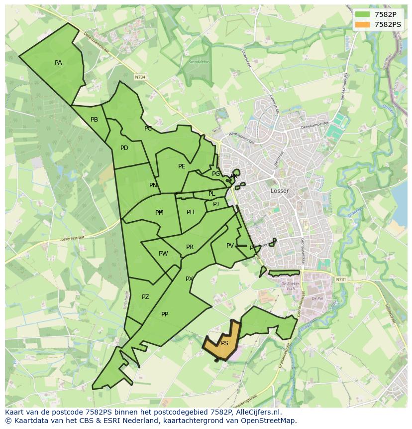 Afbeelding van het postcodegebied 7582 PS op de kaart.
