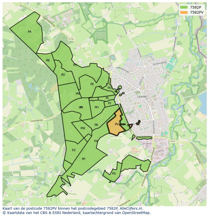 Afbeelding van het postcodegebied 7582 PV op de kaart.