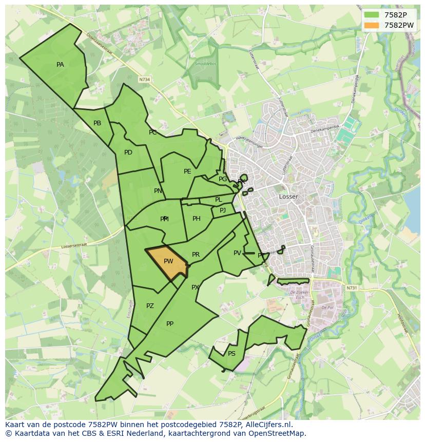 Afbeelding van het postcodegebied 7582 PW op de kaart.