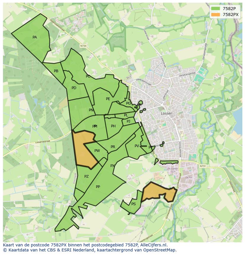 Afbeelding van het postcodegebied 7582 PX op de kaart.