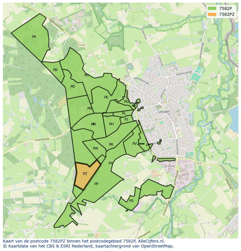 Afbeelding van het postcodegebied 7582 PZ op de kaart.