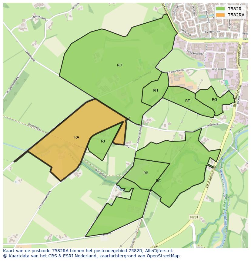 Afbeelding van het postcodegebied 7582 RA op de kaart.