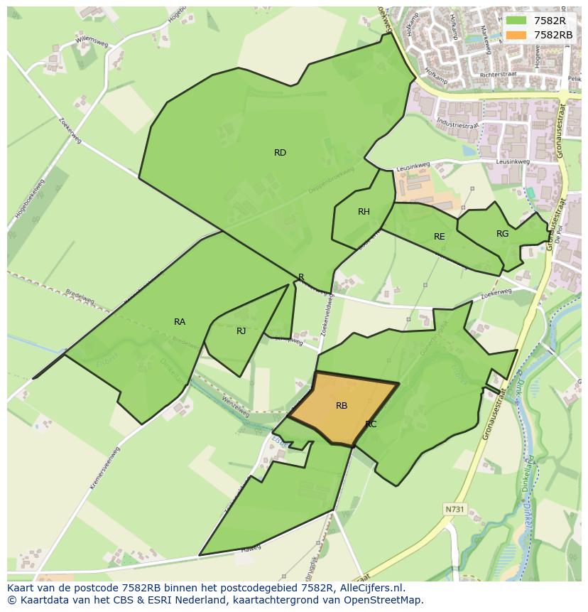 Afbeelding van het postcodegebied 7582 RB op de kaart.