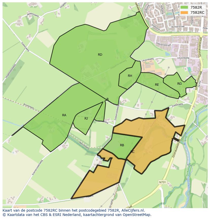 Afbeelding van het postcodegebied 7582 RC op de kaart.