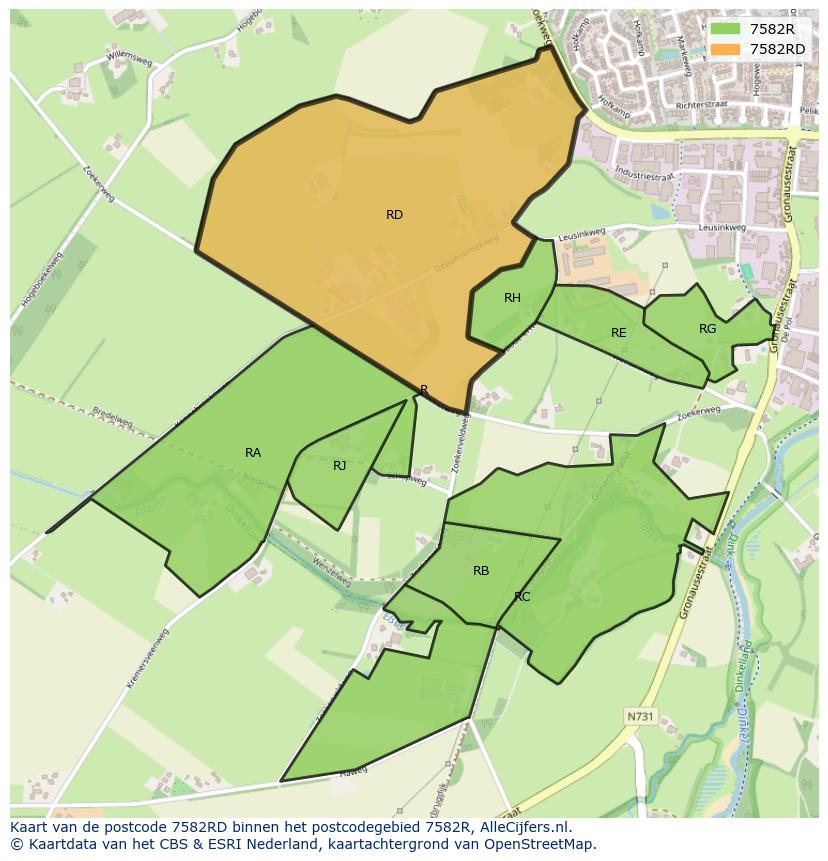 Afbeelding van het postcodegebied 7582 RD op de kaart.