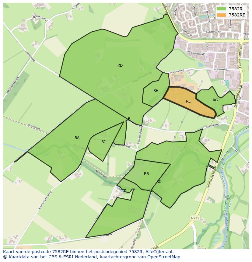 Afbeelding van het postcodegebied 7582 RE op de kaart.