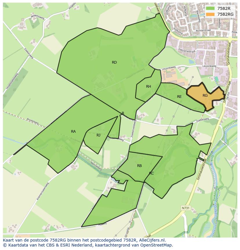 Afbeelding van het postcodegebied 7582 RG op de kaart.