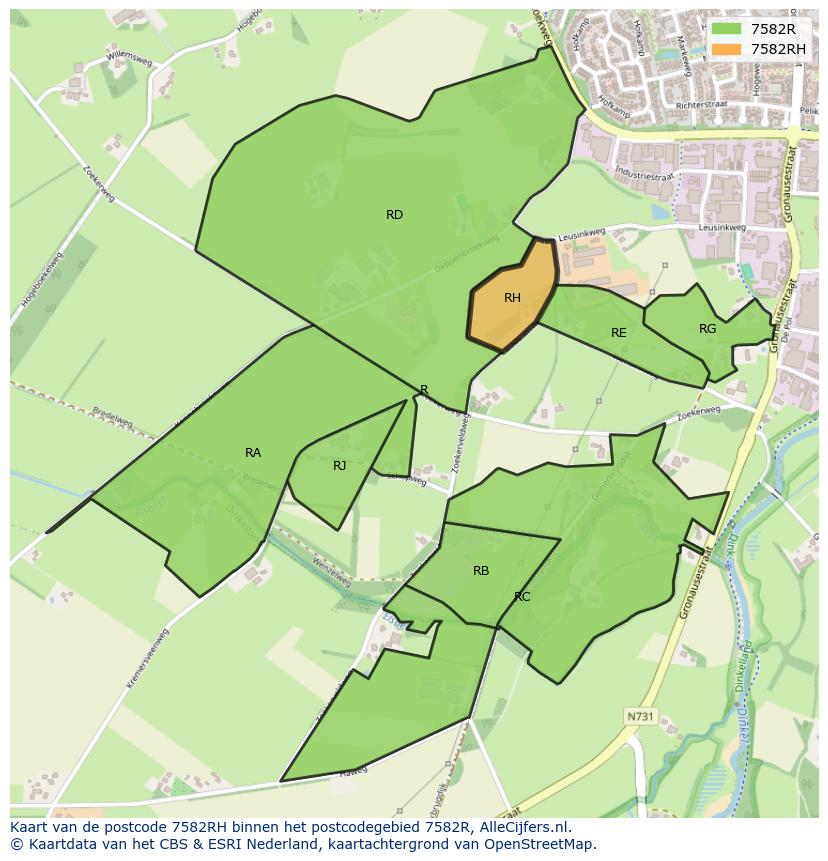 Afbeelding van het postcodegebied 7582 RH op de kaart.