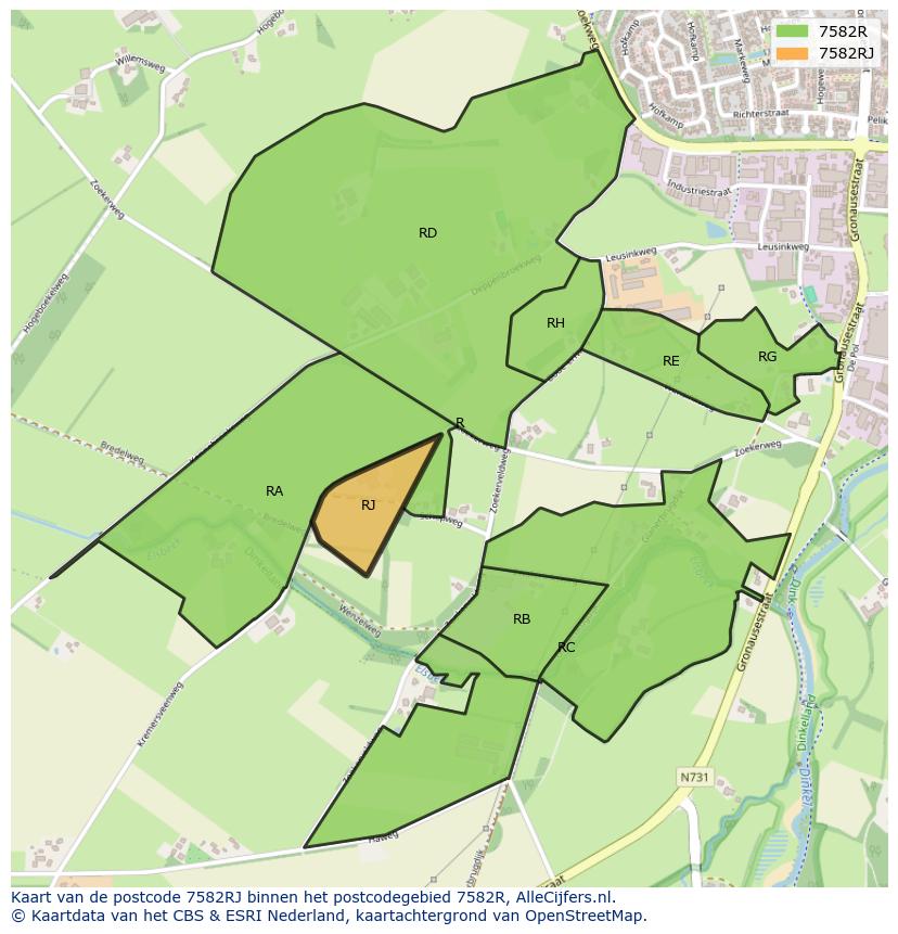 Afbeelding van het postcodegebied 7582 RJ op de kaart.