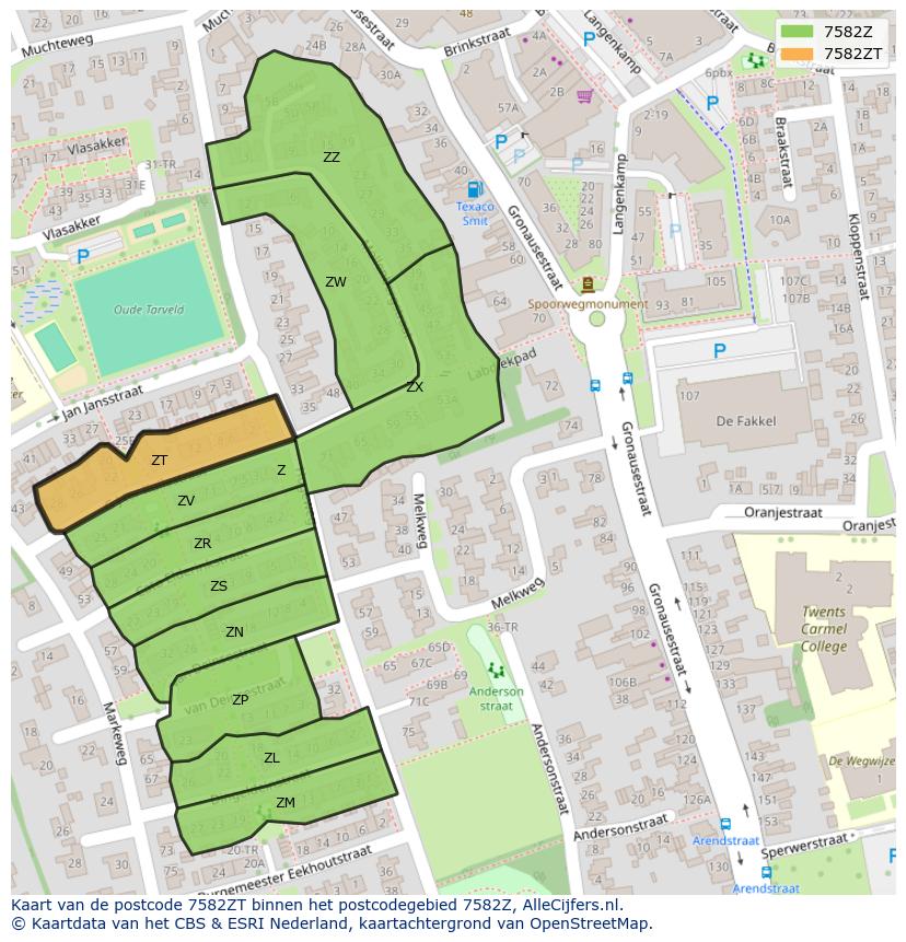 Afbeelding van het postcodegebied 7582 ZT op de kaart.