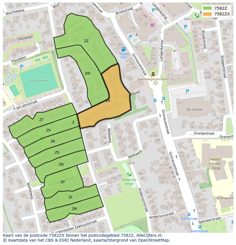 Afbeelding van het postcodegebied 7582 ZX op de kaart.