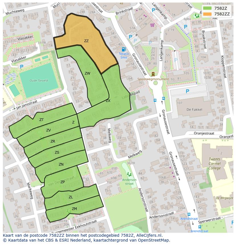 Afbeelding van het postcodegebied 7582 ZZ op de kaart.