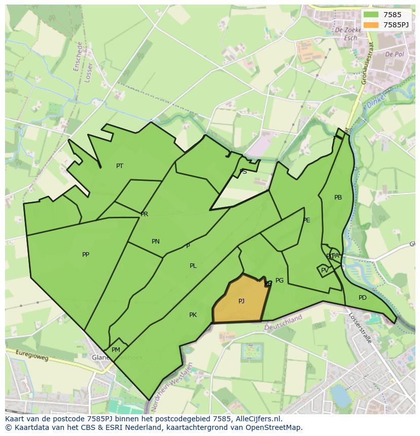 Afbeelding van het postcodegebied 7585 PJ op de kaart.