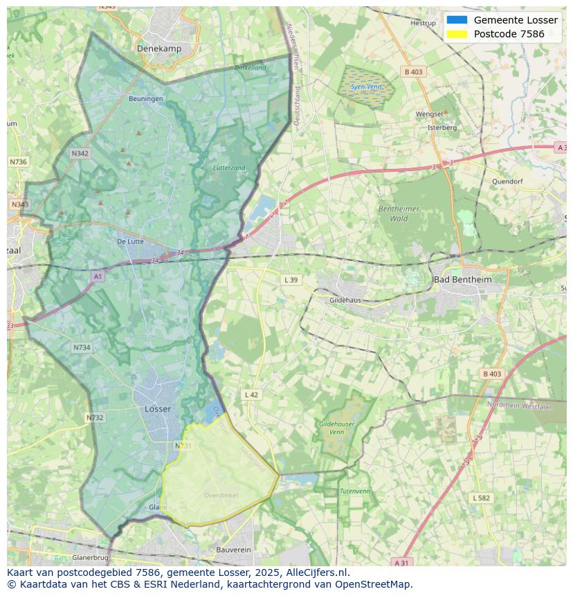 Afbeelding van het postcodegebied 7586 op de kaart.
