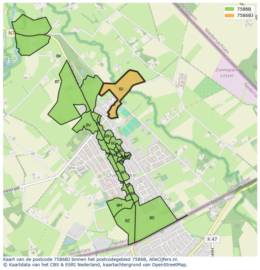 Afbeelding van het postcodegebied 7586 BJ op de kaart.